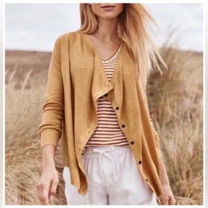 Garnet Hill Easy Linen Drape Front Button Relaxed Fit Cardigan Tan Size XS